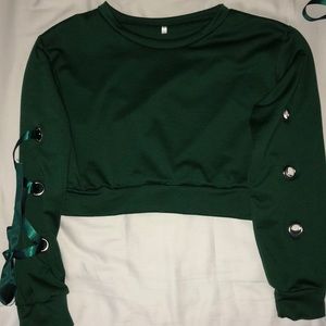 Dark Green Crop Sweater with Ribbon Embelishment